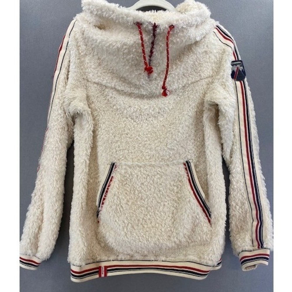 Almgwand Cream Bouclé Fleece Hoodie Women Size 40 Cowl Neck Stripe Detail